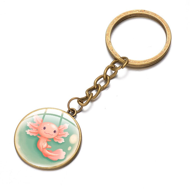 Axolotl Pendant Keychain Cartoon Art Pattern Glass Cabochon Keyring Car Bag Alloy Metal Key Chain Fashion Jewelry reptile salamander