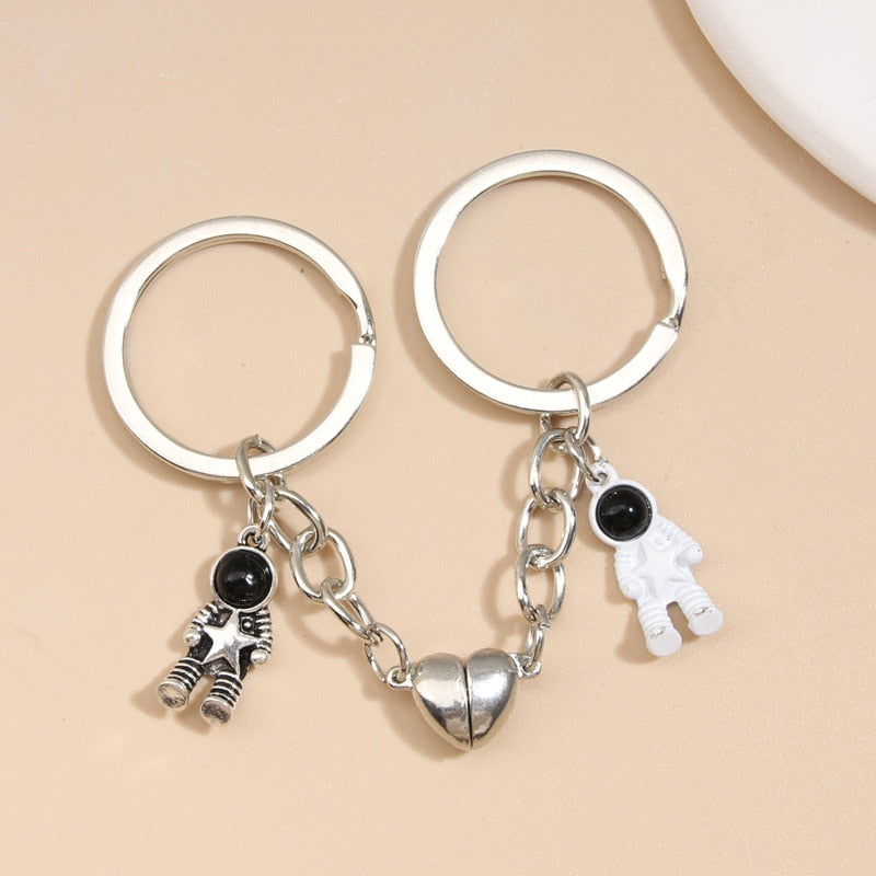 Astronaut Heart Star Magnetic Button Key Ring Spaceman Key chains Keychain Couple Friend Gifts Matching Handmade Jewelry