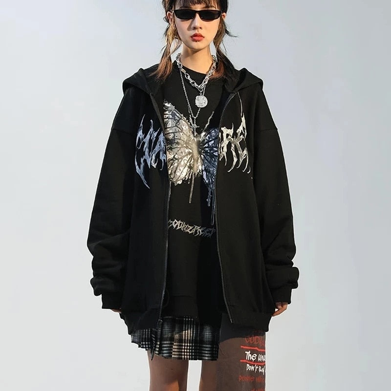 Harajuku Hoodies Autumn Winter Goth Punk Butterfly Long Sleeve Loose Zipper Jacket Coat Female Hip Hop Hooded Sweatshirts
