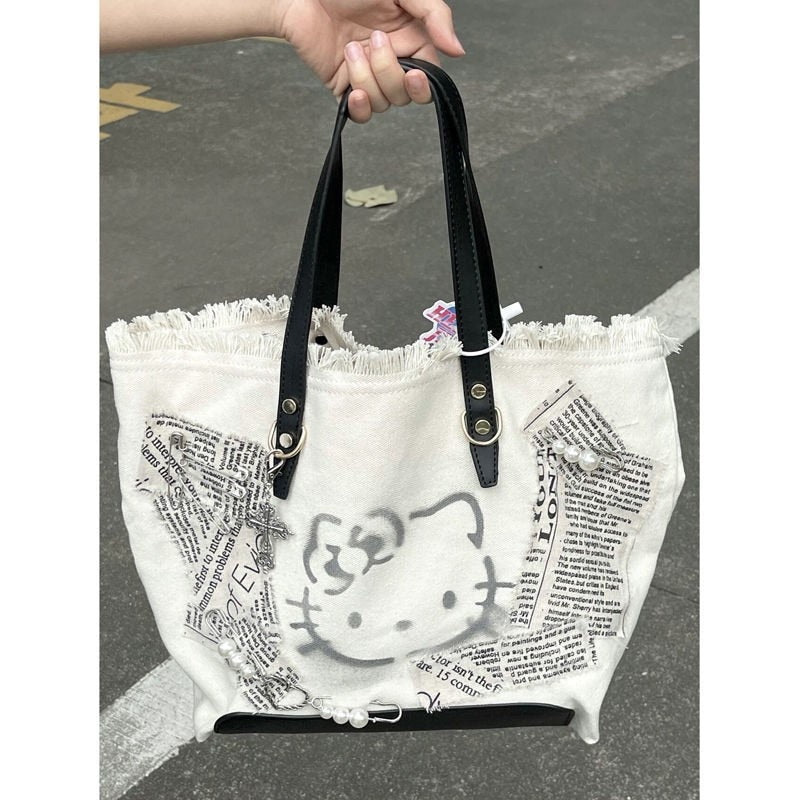 Kitty Retro tote bag One-Shoulder 38Cm Canvas Bag Wild Student Textbook Zipper Schoolbag Gift Backpack kuromi my melody cinnamoroll pochacco