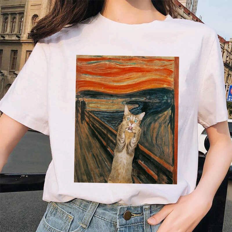 Van Gogh Cat Women T Shirt Art Oil Painting funny gag gift Print kitten kitty tabby T-shirt Tshirt Funny Tops Tees custom handmade print design