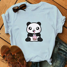 Load image into Gallery viewer, Panda Bear Boba Tea Bubble milktea Shirt Cartoon custom Print Cotton Short Sleeve Womens Tees Kawaii Tops female Clothing
