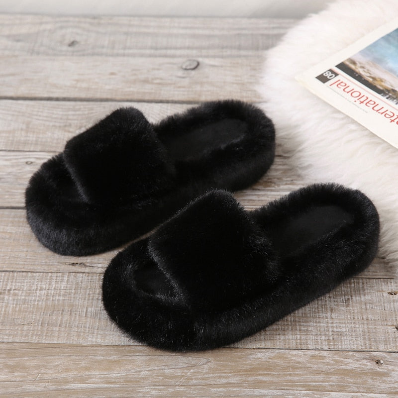 Quality Luxury One Word Thick Sole Warm Plus Velvet Home Women Shoes Plush Open Toe Cotton Slippers