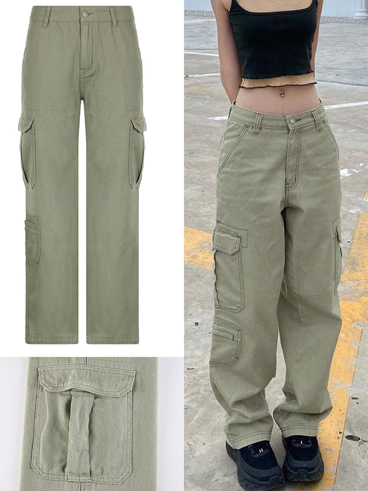Vintage Baggy Jeans Women Pockets Wide Leg Cargo Pants Straight Denim  Trousers