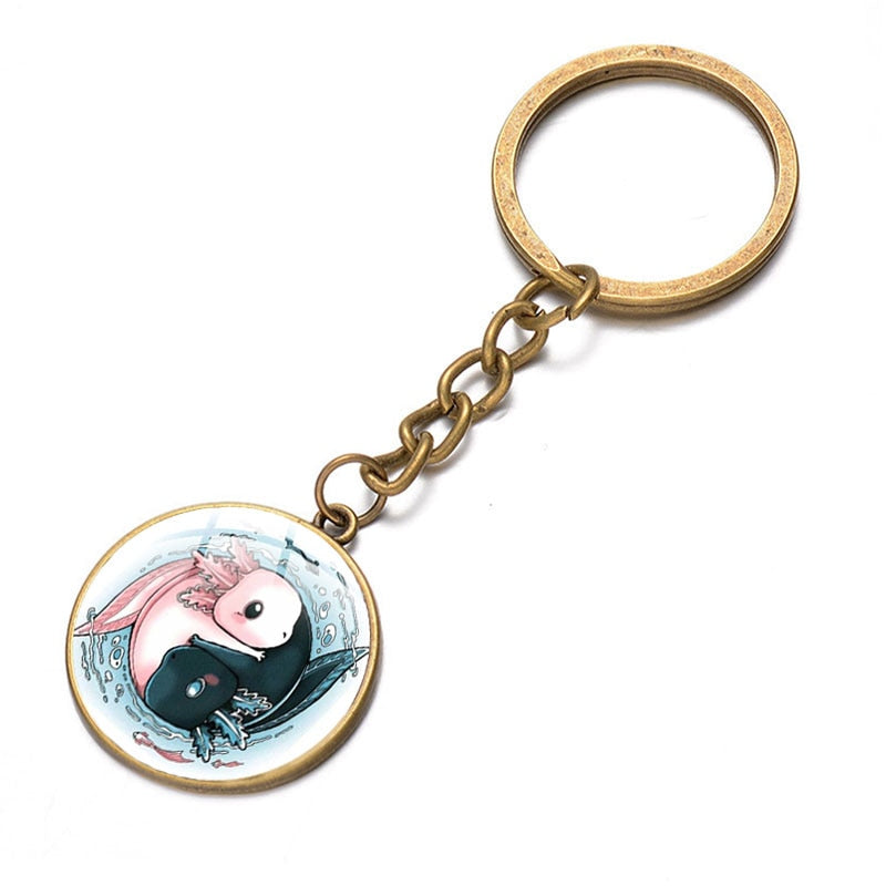 Axolotl Pendant Keychain Cartoon Art Pattern Glass Cabochon Keyring Car Bag Alloy Metal Key Chain Fashion Jewelry reptile salamander