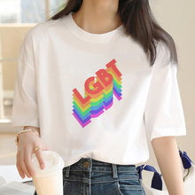 Load image into Gallery viewer, LGBT rainbow lesbian gay flag pride trans transgender pansexual  bisexual t-shirt women custom print design
