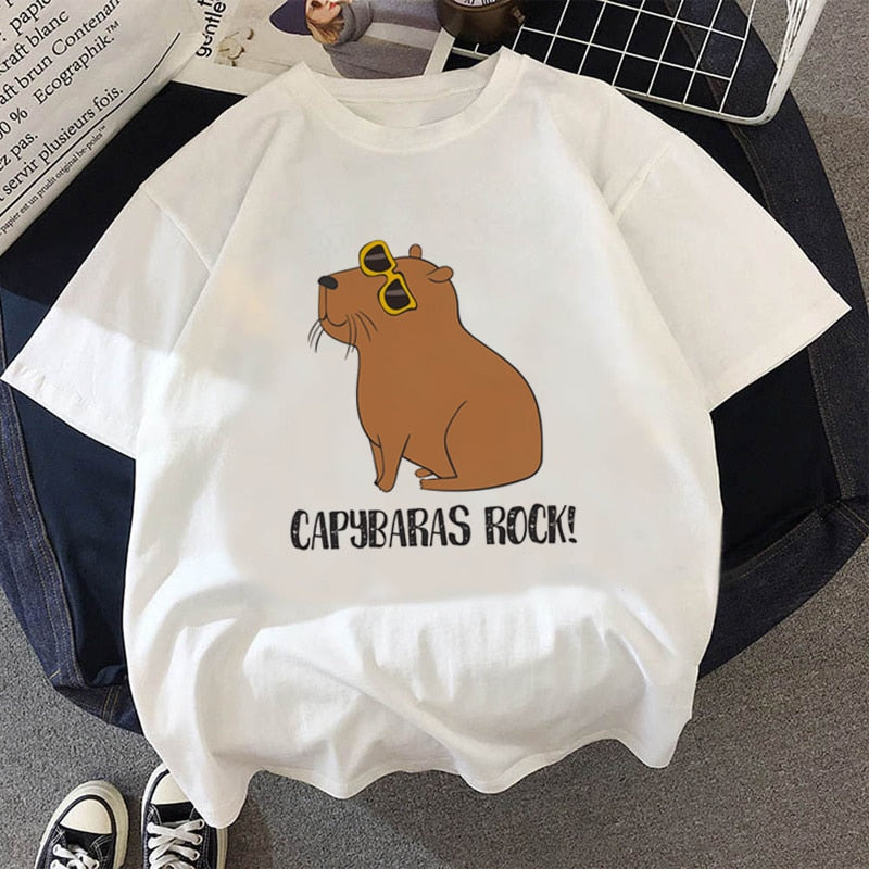 Capybaras t-shirt men Japanese anime streetwear graphic tee anime Japanese clothing handmade custom print design rodent