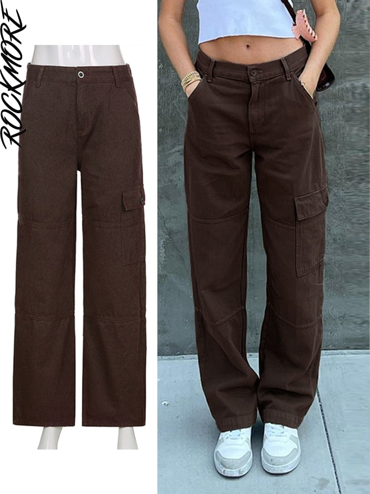 Brown Vintage Baggy Jeans Women 90s Streetwear Pockets Wide Leg Cargo Pants Low Waist Straight Denim Trousers