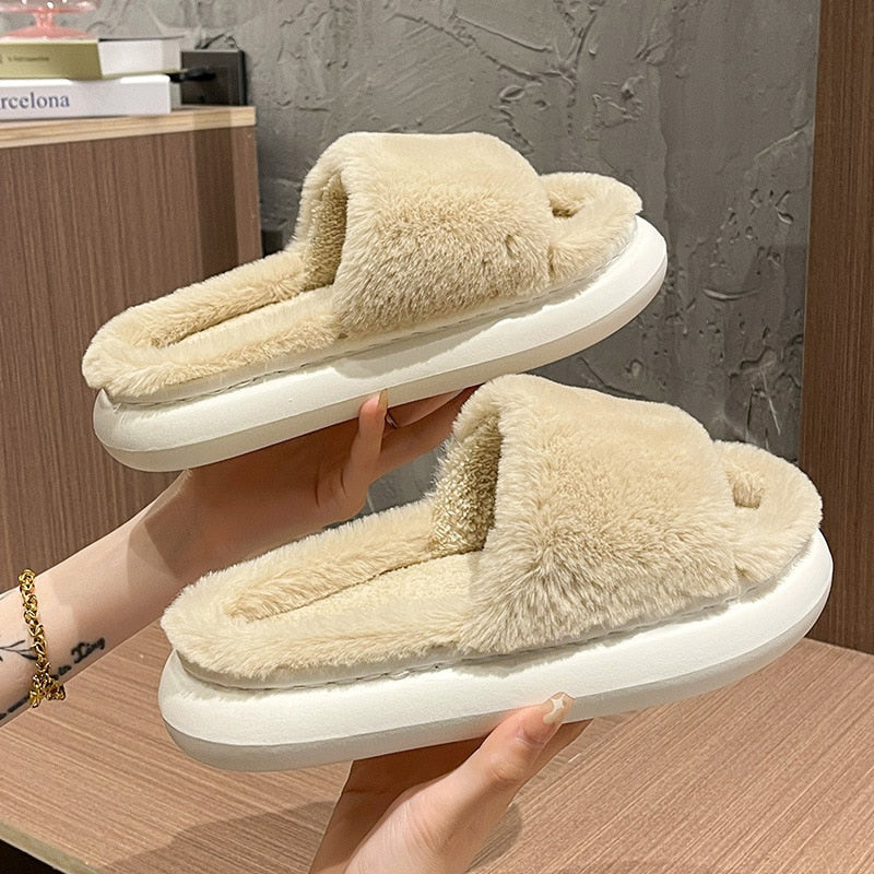 Thick Fluffy plush Slippers New Women Winter House Warm Furry Slippers Women Flip Flops Home Slides Flat Indoor Floor Shoes