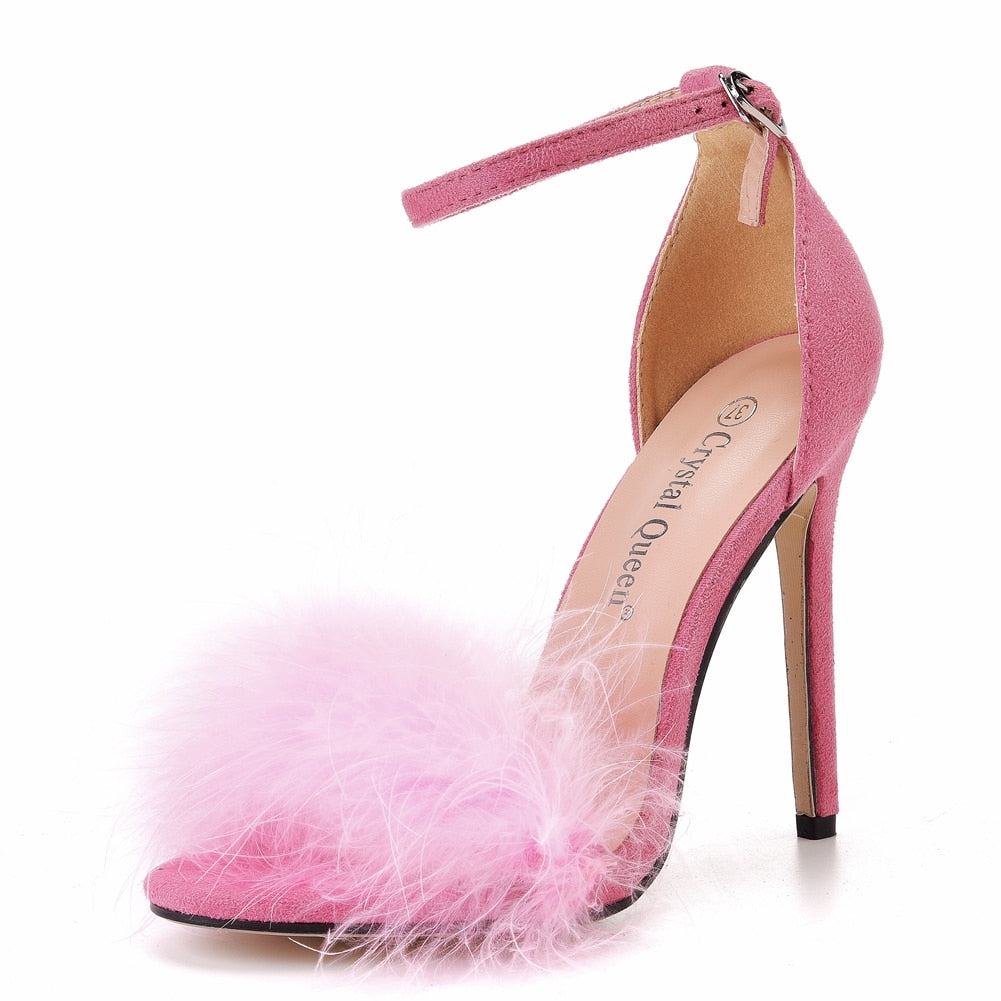 Women Summer Sandals Fluffy Peep Toe Stilettos High Heels  Fur Feather Lady Wedding Shoes