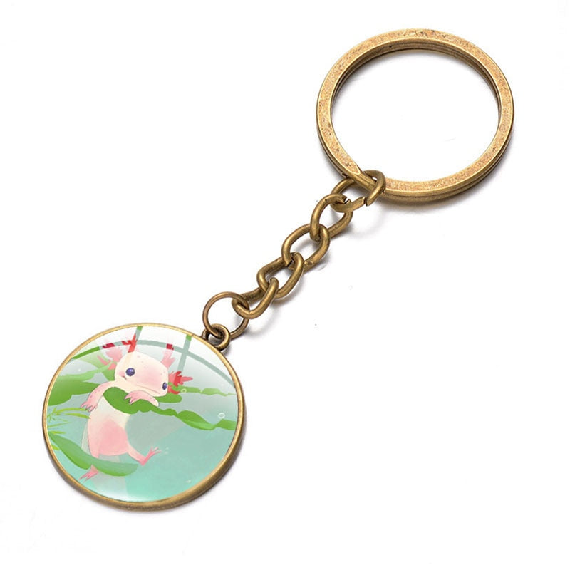 Axolotl Pendant Keychain Cartoon Art Pattern Glass Cabochon Keyring Car Bag Alloy Metal Key Chain Fashion Jewelry reptile salamander