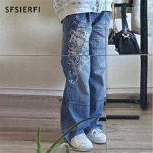 Load image into Gallery viewer, Streetwear Gothic Jeans Women Y2K Print Low Waist Jeans Trousers Casual Denim Pants Korean Summer Straight Baggy Jeans
