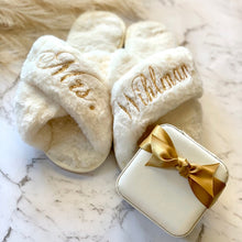 Load image into Gallery viewer, Personalized Cross Fluffy Slippers with Faux Fur Custom Bridesmaid Gifts Bridal Shower Wedding Bachelorette Party Warm Slippers
