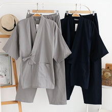 Load image into Gallery viewer, Men Traditional Japanese Pajamas Set Cotton Robe Pants Kimono Haori Yukata Nightgown Japan Style Soft Gown Sleepwear Obi
