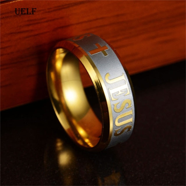 Uelf Religious Christian Jesus Cross Ring 8mm Stainless Steel God Save Us Band Rings For Men Women Party Gift Anillo Anneaux