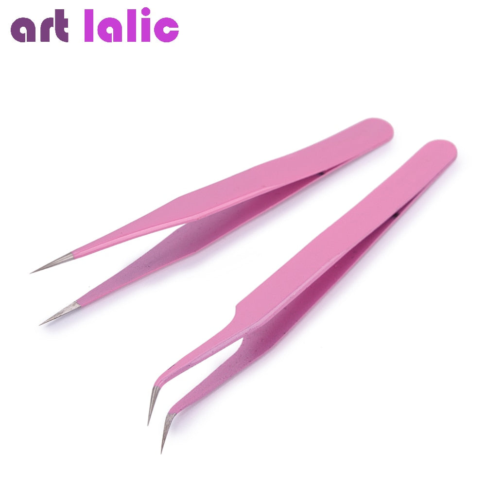 2pcs Pink Stainless Steel Tweezers Straight Curved Pick Up Tools Eyelash Extension Pointed Nipper Clip Manicure Nail Art Tool