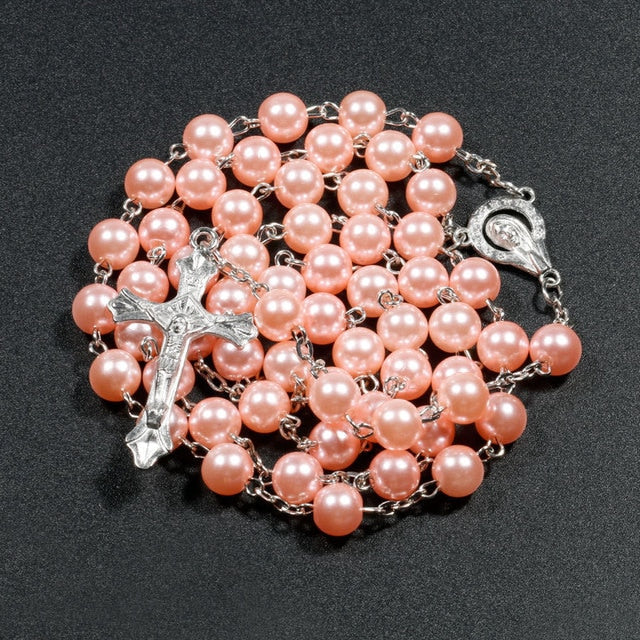 Rosary necklace Religion Christian Faux pearl  For Women Virgin Mary Jesus Cross pendant Long beads chains Fashion Jewelry custom handmade