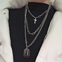 Load image into Gallery viewer, Fashion Multilayer Silver Color Metal Chain Cross Necklace Couple Hip Hop Punk Geometric Pendant Necklaces for Women Men

