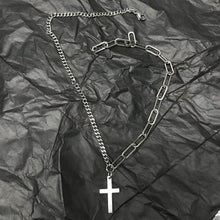 Load image into Gallery viewer, Fashion Multilayer Silver Color Metal Chain Cross Necklace Couple Hip Hop Punk Geometric Pendant Necklaces for Women Men
