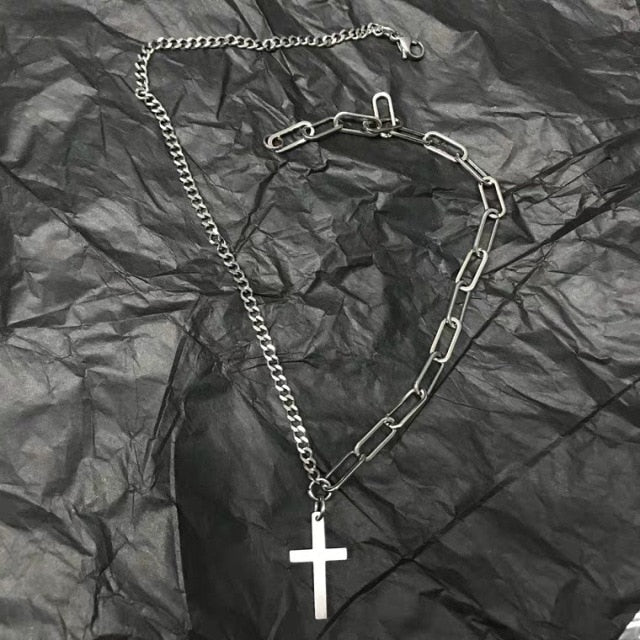 Fashion Multilayer Silver Color Metal Chain Cross Necklace Couple Hip Hop Punk Geometric Pendant Necklaces for Women Men