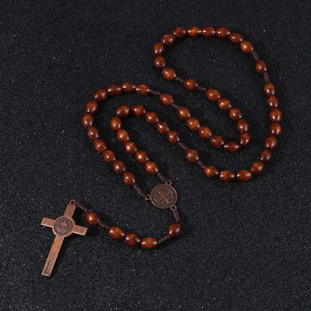 Christ Jesus Wooden Beads 8mm Rosary Bead Cross Pendant Woven Rope Chain Necklace Religious Orthodox Praying  Jewelry custom handmade