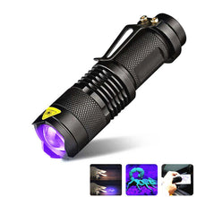 Load image into Gallery viewer, LED UV Flashlight 365nm 395nm Blacklight Scorpion UV Light Pet Urine Detector Zoomable Ultraviolet
