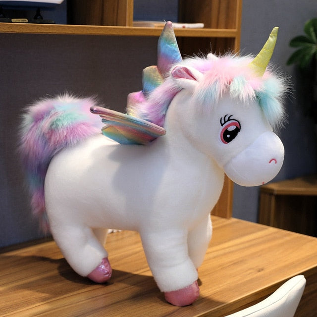 30~80cm Unique Glowing Wings Unicorns Plush toy Giant Unicorn Stuffed Animals Doll Fluffy Hair Fly Horse Toy for Child Xmas Gift