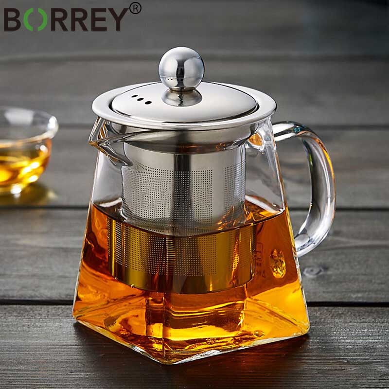 BORREY Big Heat-Resistant Glass Teapot Flower Tea Kettle Large Clear Glass  Fruit Juice Container Ceramic Teapot Holder Base