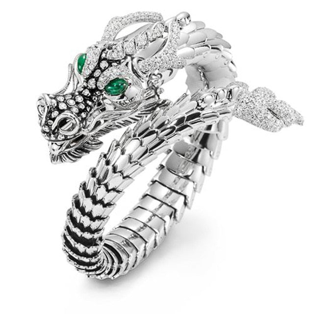 Dragon Ring for Men Green Eyes Cubic Zirconia CZ Silver Color Dragon Male Rings Punk Style Men Jewelry handmade