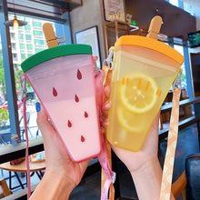 Load image into Gallery viewer, Plastic Water Bottles Cute Watermelon Ice Cream Water Bottle with Straw Bottle Anti-fall Portable Popsicle Cup Kids Water
