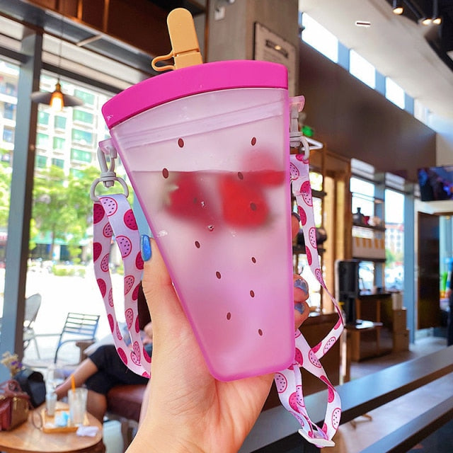 Plastic Water Bottles Cute Watermelon Ice Cream Water Bottle with Straw Bottle Anti-fall Portable Popsicle Cup Kids Water