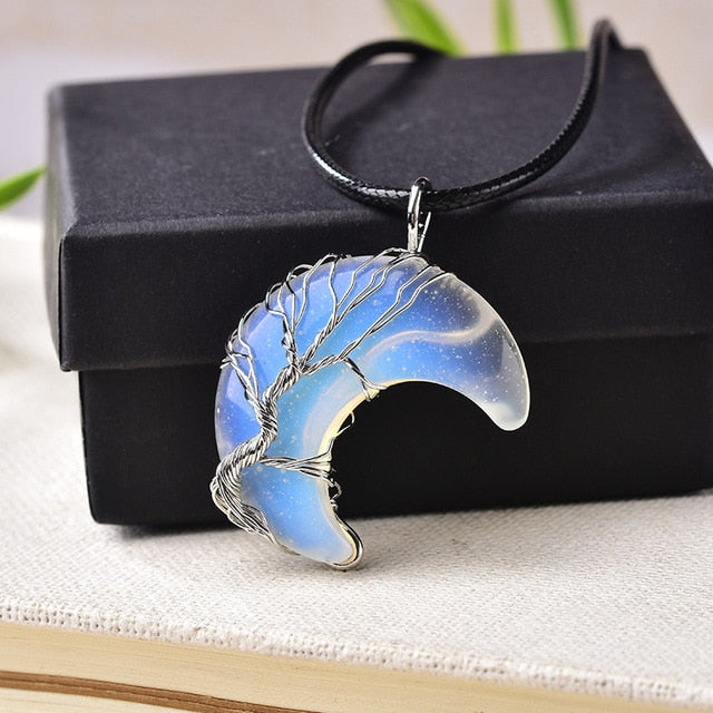 1PC Natural Crystal Pendant Tree Of Life Moon Shape Polished Mineral Jewelry Healing Stone Men Women Jewelry Gift custom handmade design