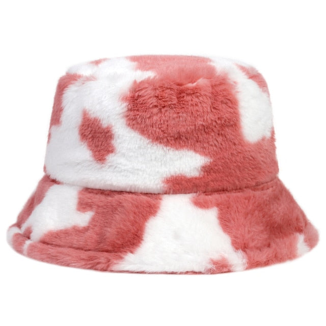 Autumn winter Faux Fur Leopard cow womens bucket hats Thick Warm lady Japanese Panama hats Outdoor Travel Velvet Fisherman Hats