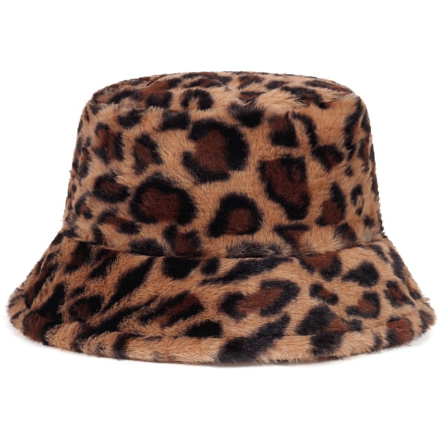 Autumn winter Faux Fur Leopard cow womens bucket hats Thick Warm lady Japanese Panama hats Outdoor Travel Velvet Fisherman Hats