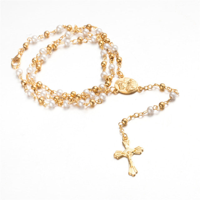 Rosary Necklace Jesus Christ Cross Pendant Necklaces Alloy Bead Long Chain Mens Women Virgin Mary Christian Fashion Jewelry custom handmade