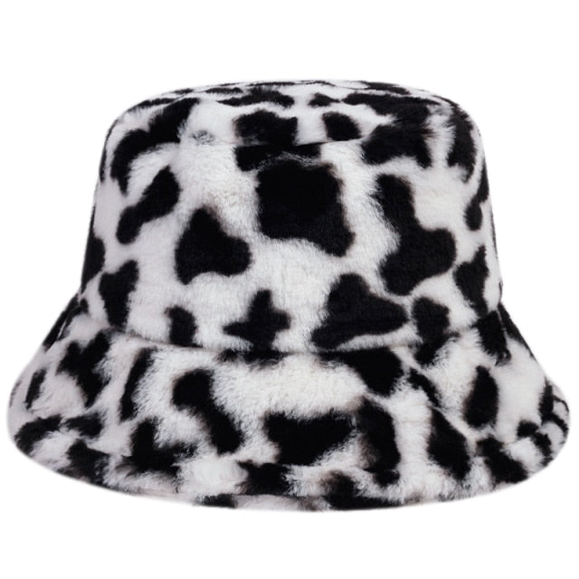 Autumn winter Faux Fur Leopard cow womens bucket hats Thick Warm lady Japanese Panama hats Outdoor Travel Velvet Fisherman Hats