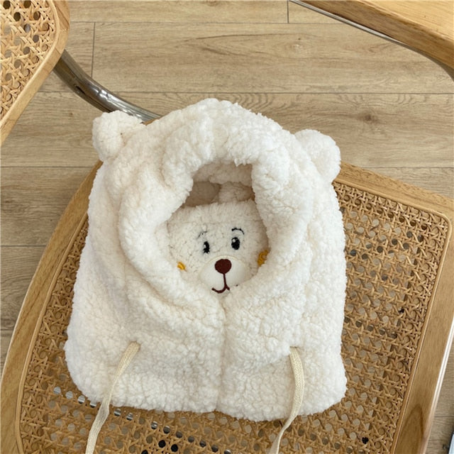 Japanese Cute Cartoon Bear Ear Cap Hat Lamb Plush Cap Warm Thickened Ear Protection with Warm Mask for Women Girl
