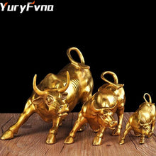 Load image into Gallery viewer, YuryFvna 3 Sizes Golden Wall Street Bull OX Figurine Sculpture Charging Stock Market Bull Statue Home Office Decoration Gift
