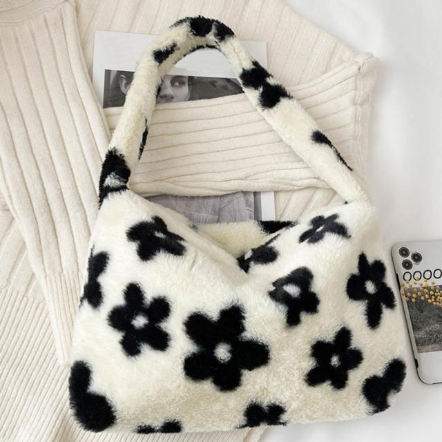 Tote bag Fashion Women Plush Flower Pattern Shoulder Bags Elegant Female Underarm Bags Faux Fur Handbag Furry Fluffy Tote Bags