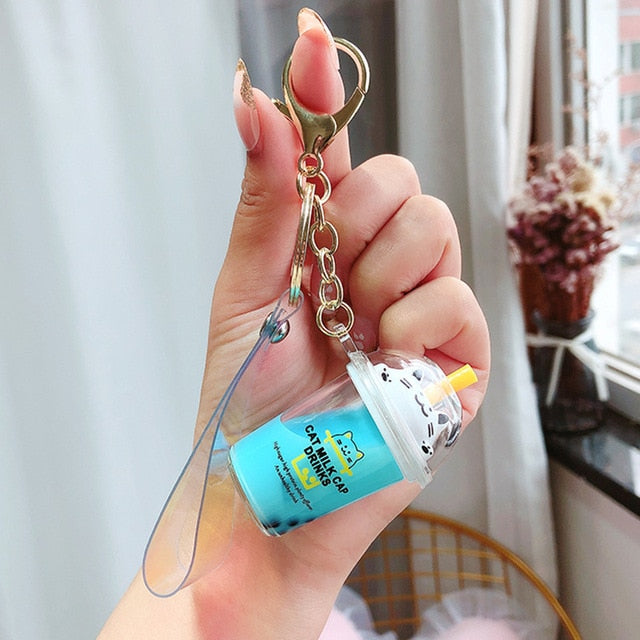 Cartoon Cute Cat Keychain Milk Tea Cup Liquid Quicksand Sequin Key Ring Charm Bag Car Pendant Key Chain for Women Men Kids