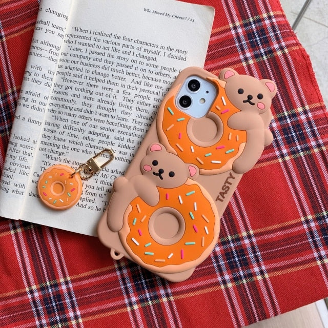 3D Cute Cartoon Tasty Donuts Bear Phone Case for iPhone 12 Mini 11 Pro XS Max 7 8 Plus SE 2020 Key Ring Pendant Soft Back Cover