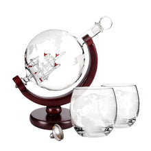Load image into Gallery viewer, Creative Globe Decanter Set with Lead-free Carafe Exquisite Wood-stand and 2 Whisky Glasses, Whiskey Decanter Globe Grade Gift
