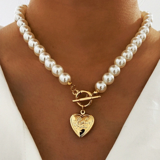 Vintage Wedding Pearl Choker Necklace For Women Geometric Heart Pendant Necklaces Jewelry custom handmade