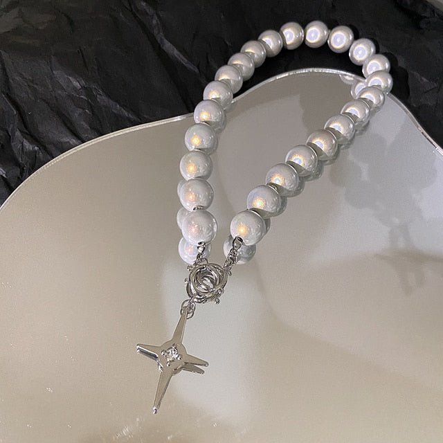 Luminous Beads Pearl Stitching Necklace Choker Cross Pendant Clavicle Chain Fashion Party Jewelry custom handmade clubbing