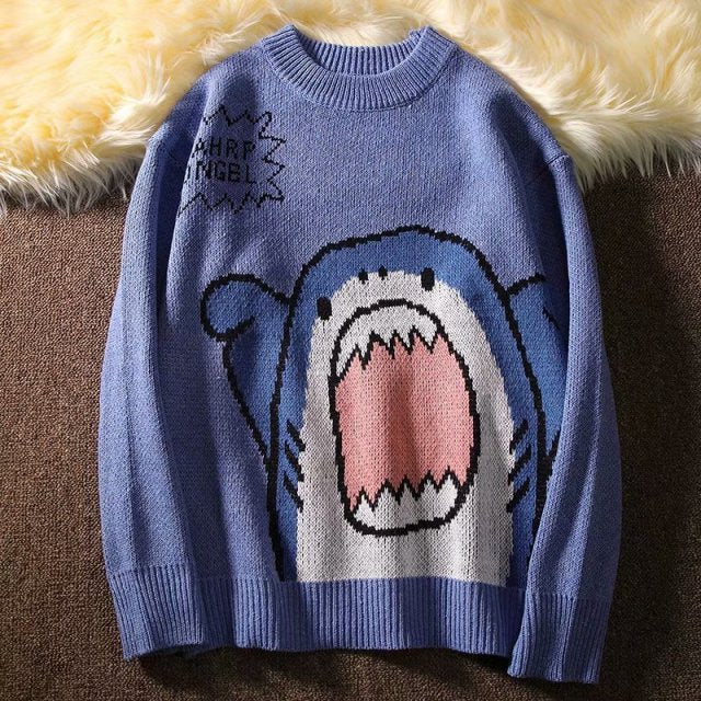 Turtlenecks Shark Sweater Winter Patchwor Harajuku Korean Style High Neck Oversized Grey Turtleneck For Men