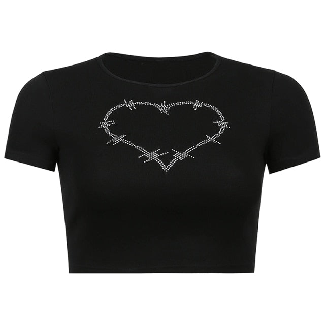 Punk Vintage Rhinestone Spider Goth Graphic T Shirt Women Y2k Style Crop Top O-neck Tshirt Black Streetwear Short Sleeve T-shirt