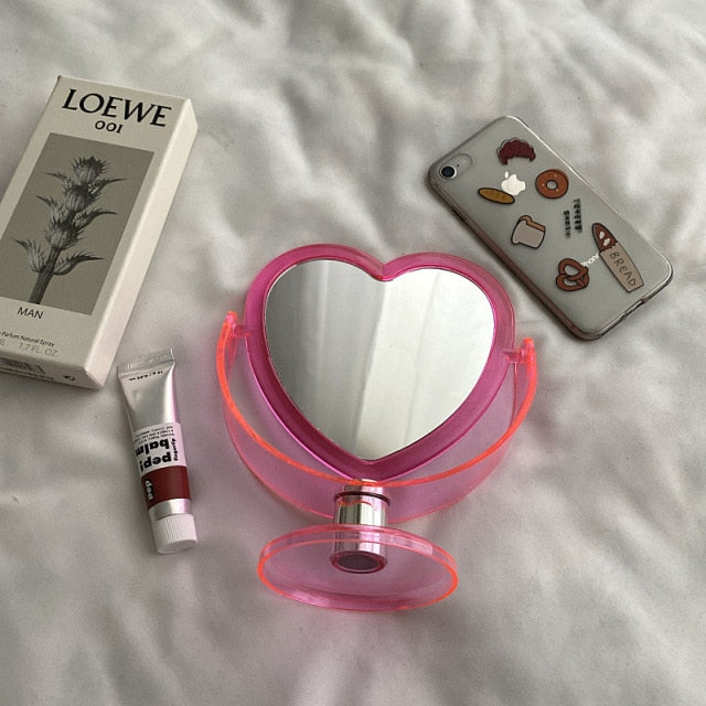 1pc Acrylic Double Side Makeup Mirror Cute Heart Shaped Cosmetic Mirror, Transparent Base Home Bedroom Desktop Make Up Mirror