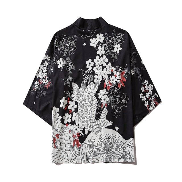 Bebovizi Dragon Print Yukata Men Women Fashion Cardigan Loose Blouse Haori Obi Asian Clothes Harajuku Japanese Cosplay Kimono