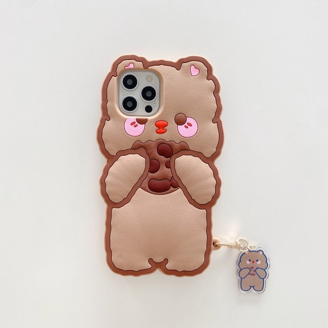 3D Cute Cartoon Eating Cookies Bear Phone Case for iPhone 12 11 Pro XS Max SE 2020 Biscuits Shockproof Soft Rubber Cover Pendant