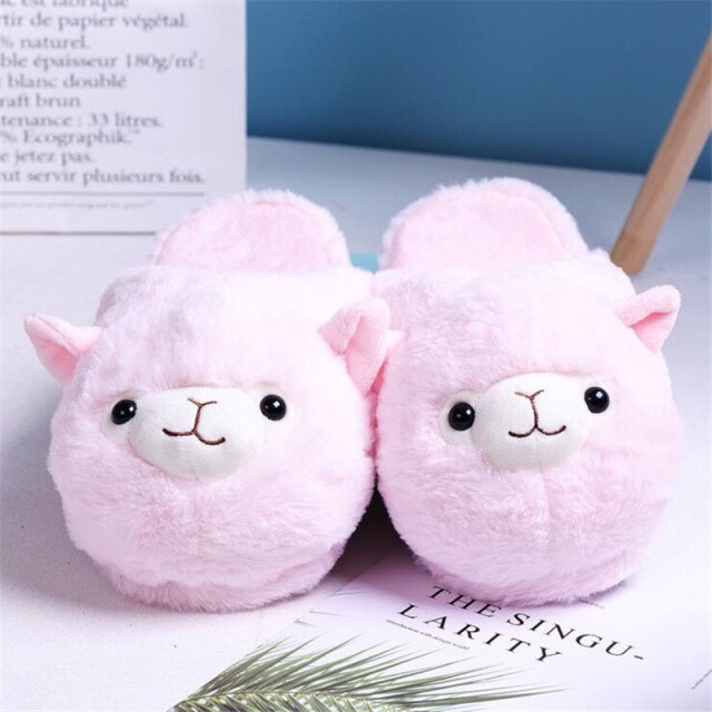 Women Pink Alpaca Plush Slippers Funny Animal Home Slides Soft Cartoon Alpaca Slippers Couple Indoor Slides Warm Cotton Shoes Non-Slip Shoes